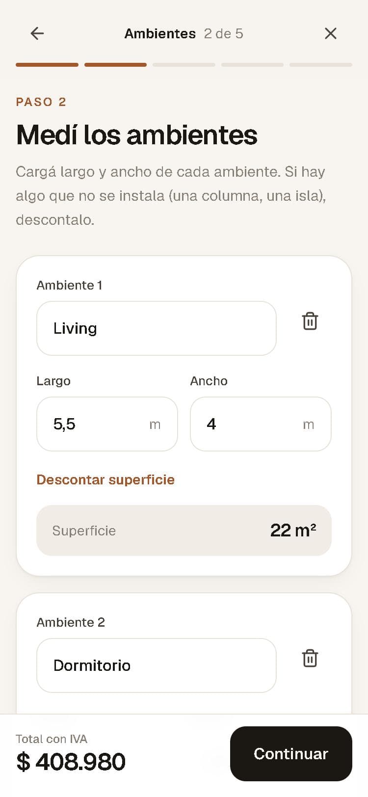Paso 2 de la app: medidas de los ambientes y superficie total