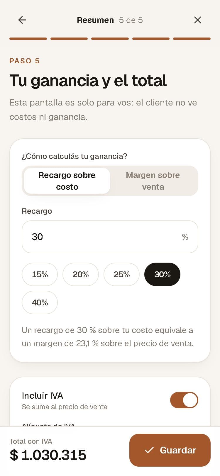 Paso 5 de la app: ganancia como recargo o margen e IVA